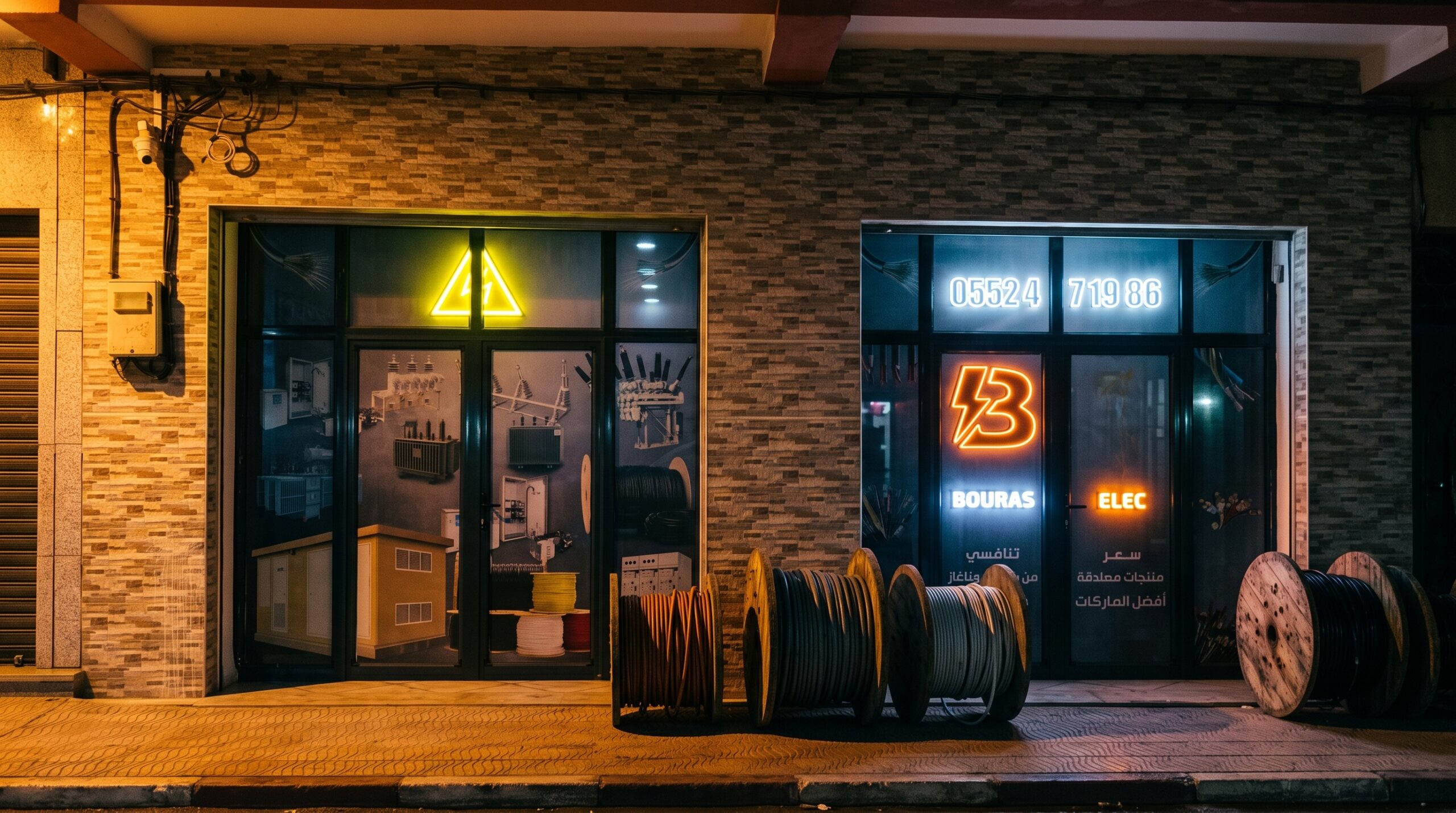 Façade du magasin BOURAS ELEC illuminée de nuit